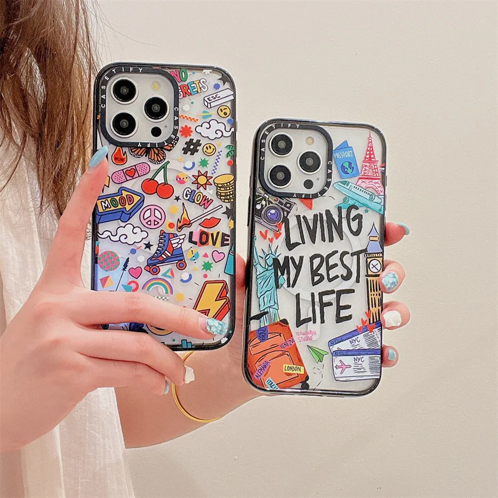 Casetifg Travel Life ป้ายผลไม้กันกระแทกแม่เหล็กชาร์จเคสโทรศัพท์พร้อมกล่องสําหรับ iPhone 16 12 13 14 15 Pro Max Plus Clear Soft ด้านข้างซิลิโคนป้องกันปลอกอะคริลิคปกแข็ง