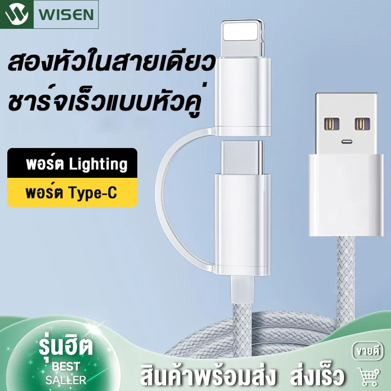 สายชาร์จเร็ว 2in1 สายถักไนล่อน 6A USB Cable Type-c to Type-c+i0s ชาร์จเร็ว type c สำหรับ huawei /lOS สายเคเบิลข้อมูล