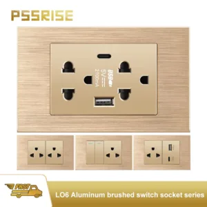 L06PSSRICE Type 118 Lighting Wall Switch Socket Set Gold Aluminium Brushed Metal Switch Panel 15A 110V พร้อมการรับประกัน