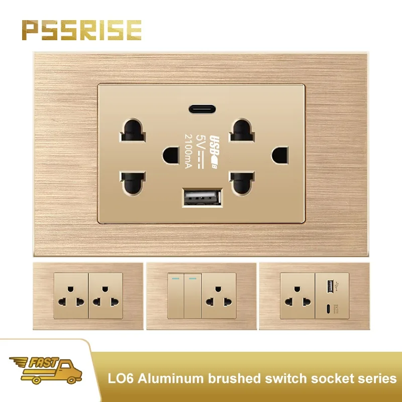 L06PSSRICE Type 118 Lighting Wall Switch Socket Set Gold Aluminium Brushed Metal Switch Panel 15A 110V พร้อมการรับประกัน