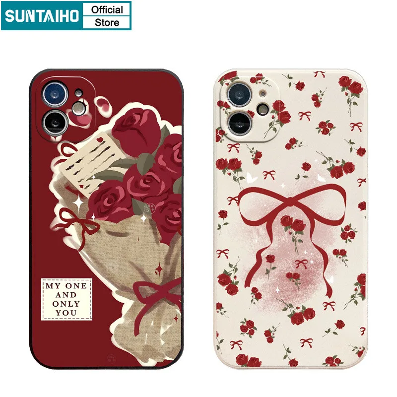 Suntaiho AestheticปลอกRose Bowดอกไม้รูปแบบเคสโทรศัพท์สําหรับIphone 16 15 14 13 12 11 Pro Max IP 7 8 Plus Iphon X Xs XR Xs Maxซิลิคอนนุ่มพรีเมี่ยมกันกระแทกปกหลัง