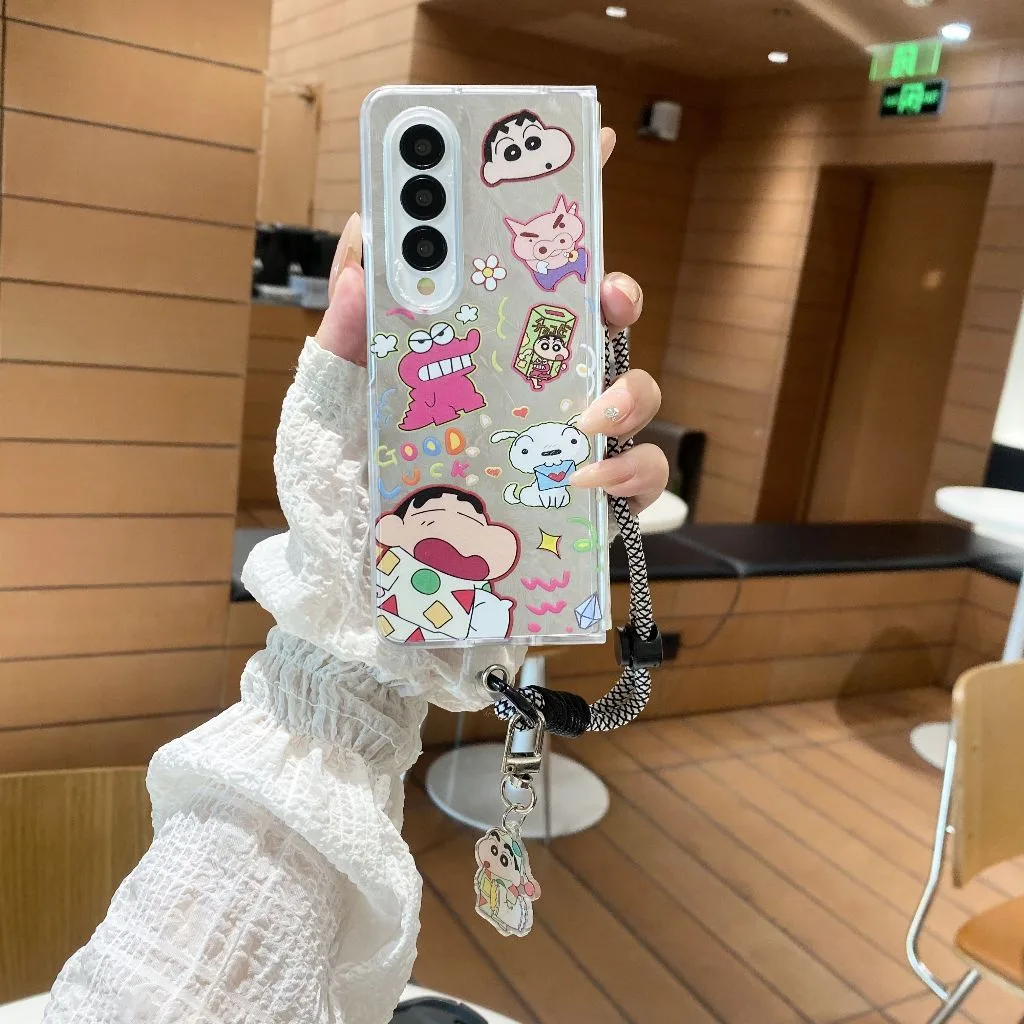 การ์ตูน น่ารัก เครยอนชินจัง เชือกเส้นเล็ก เคส Samsung Galaxy Z Fold 6 5 4 3 Case ออโรร่า PC พลิกปก เคส