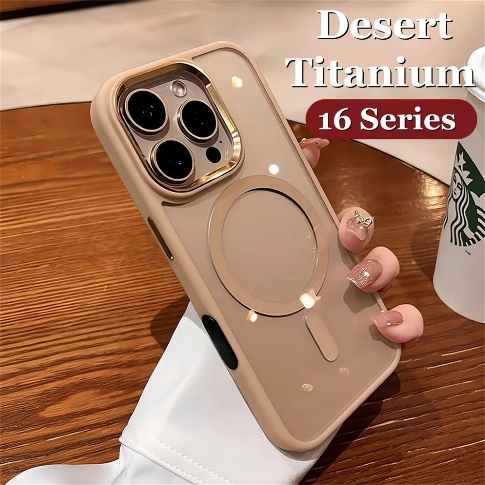 ทะเลทรายไทเทเนียมเลนส์โลหะเคสโทรศัพท์แม่เหล็กสําหรับiphone 16 Pro Max 11 12 13 14 15 Pro Max 16 Plusด้านข้างซิลิโคนกันกระแทกปลอกโปร่งใสHDปกหลัง
