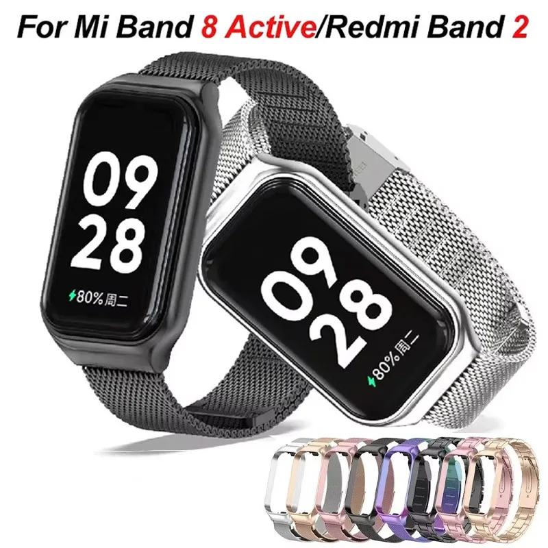 สายรัดมิลานสําหรับ Xiaomi Mi Band 8 สร้อยข้อมือที่ใช้งานสําหรับ Xiaomi Smart Band 8 Active สแตนเลสสตีลสายนาฬิกาโลหะ Mi Band 8 Active