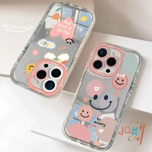 ใบหน้าที่ยิ้มแย้ม สำหรับ IPhone 11 12 15 13 14 16 Pro Max 15 6 7 8 Plus Max XR X XS Plus SE2020 การ์ตูน พื้นผิวกระจก เคส