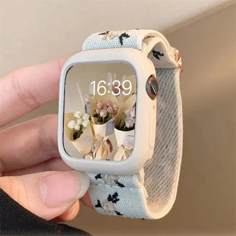 เกาหลีน่ารักสร้อยข้อมือไนลอนสาย Braied + กรณีเข้ากันได้สําหรับ Apple Watch ultra 2 49 มม.41 มม.45 มม.44 มม.38 มม.42 มม.IWatch Series 9 8 7 6 5 4 3 SE