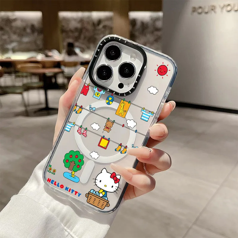 แห้งเสื้อผ้า Hello Kitty ไร้สายชาร์จแม่เหล็กสําหรับ IPhone 11 14 15 16 Pro Max 12 13 Pro Max ฝาครอบ 14 15 16 PLUS ซิลิโคนนุ่มกันชนใสกันกระแทก