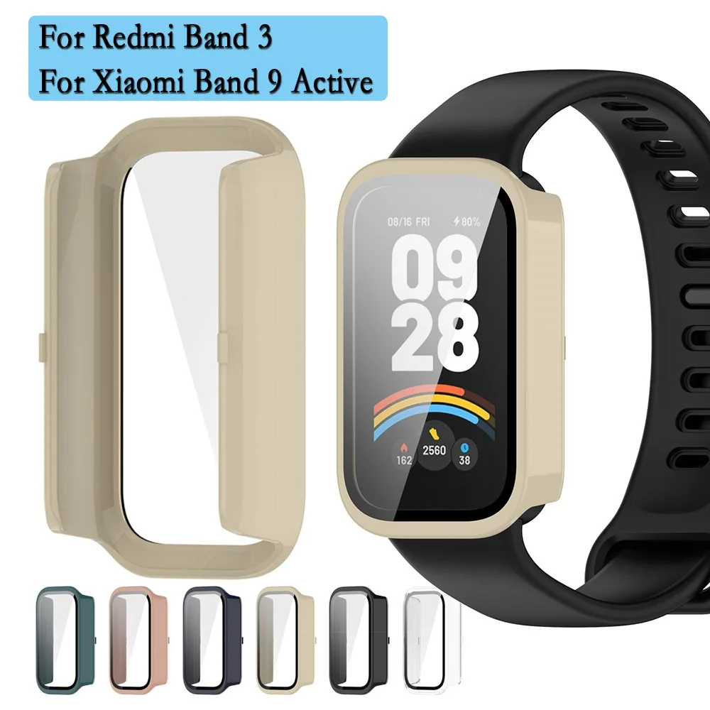 2 In 1 สําหรับ Redmi Band 3/สําหรับ Xiaomi Band 9 Active PC Hard Case Cover กระจกนิรภัยป้องกันหน้าจอนาฬิกาตกแต่ง