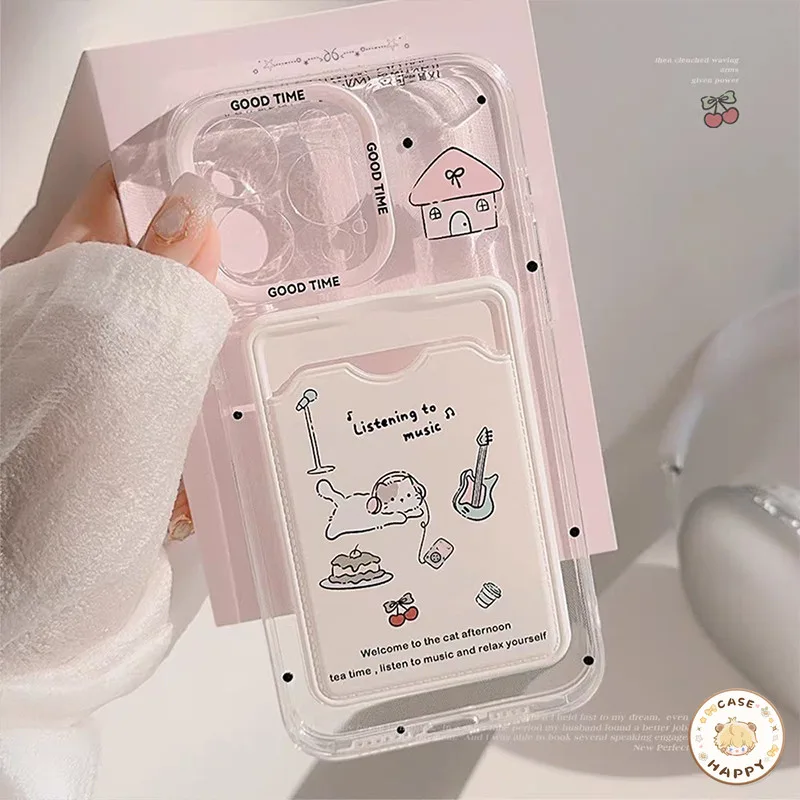 เคสไอโฟน 15 สำหรับ iPhone 11 16 13 14 12 Pro Max X XR XS Max 15 7 8 16 Plus SE 2020 เชอร์รี่สีแดงลูกแมวน่ารักมีความสุข