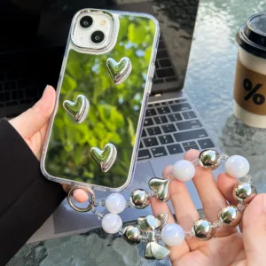 เคสโทรศัพท์สร้อยข้อมือมุก For iPhone 15 14 13 12 11 Pro Max XR X XS Max 15Pro 14Pro ฝาครอบกระจกแต่งหน้า