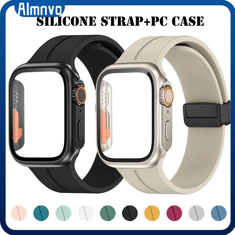 สายซิลิโคนแม่เหล็กสำหรับ Apple Watch 40 41 42 46 45 38 มม. ฝาครอบกันชนฟิล์มป้องกันหน้าจอ IWatch Series 10 9 8 7 SE 6