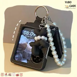 เคสโทรศัพท์หนังสีดำพร้อมจี้รูปลูกสุนัขและเชือกเส้นเล็ก ป้องกันการตกหล่นและป้องกันการเปรอะเปื้อนระดับไฮเอนด์ เหมาะสำหรับ OPPO Find N2 Flip OPPO Find N3 Flip 5G