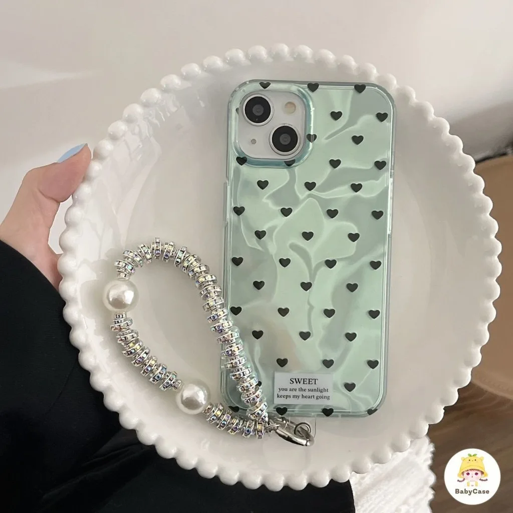 เทรนด์แบรนด์แบล็คเวฟจุดรักหัวใจก้างปลาไข่มุก เคส IPhone 16 11 15 13 14 12 Pro Max 7Plus XR 7 15 8 14 6 6S Plus X XS Max