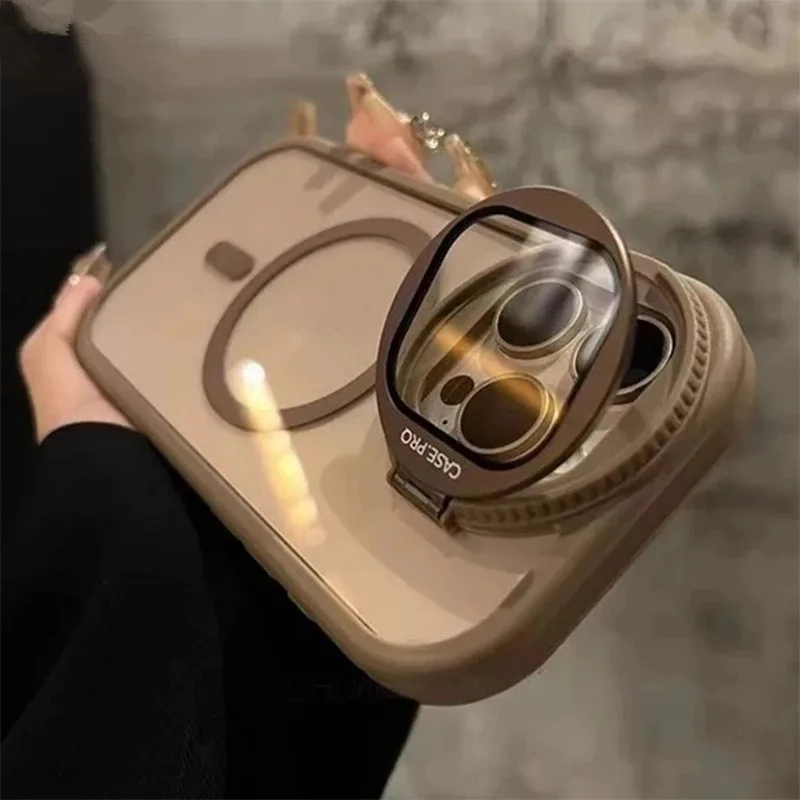 โปร่งใสหรูหราขาตั้งเลนส์กล้องอะคริลิคแม่เหล็กเคสโทรศัพท์เข้ากันได้สําหรับ ไอโฟน 11 15 14 13 12 11 มือโปร สูงสุด 16โปรแม็กซ์ ปลอกป้องกันรวมทุกอย่างกันกระแทกฮาร์ดฝา