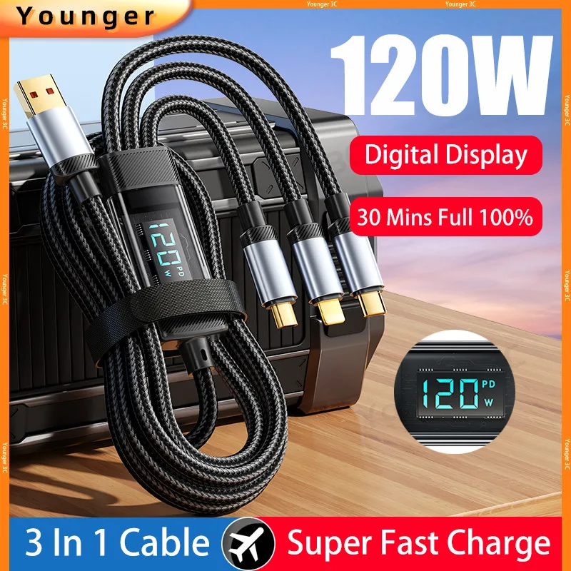 3 In 1 120W อัจฉริยะจอแสดงผลดิจิตอลสายชาร์จสําหรับ ios15 ประเภท c Micro Visible Power โปร่งใส Super Fast Charger สายไฟ 6A USB ข้อมูลสาย