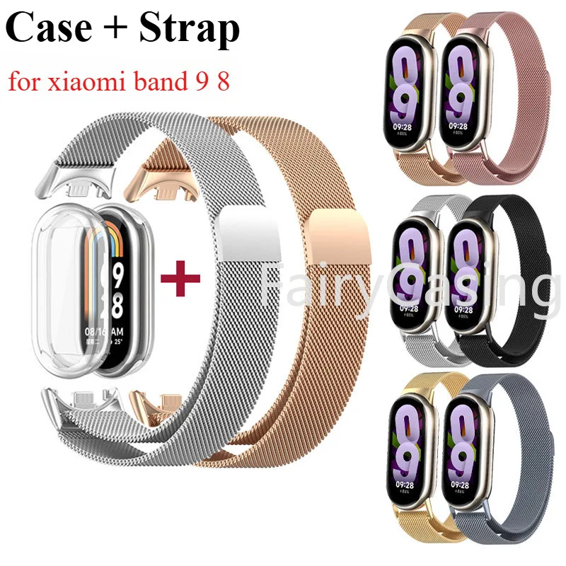 เคสนิ่ม + สายโลหะสําหรับ Xiaomi Mi Band 9 8 NFC สแตนเลสแม่เหล็ก Milanese Loop สร้อยข้อมืออุปกรณ์เสริมสายรัดข้อมือชุด