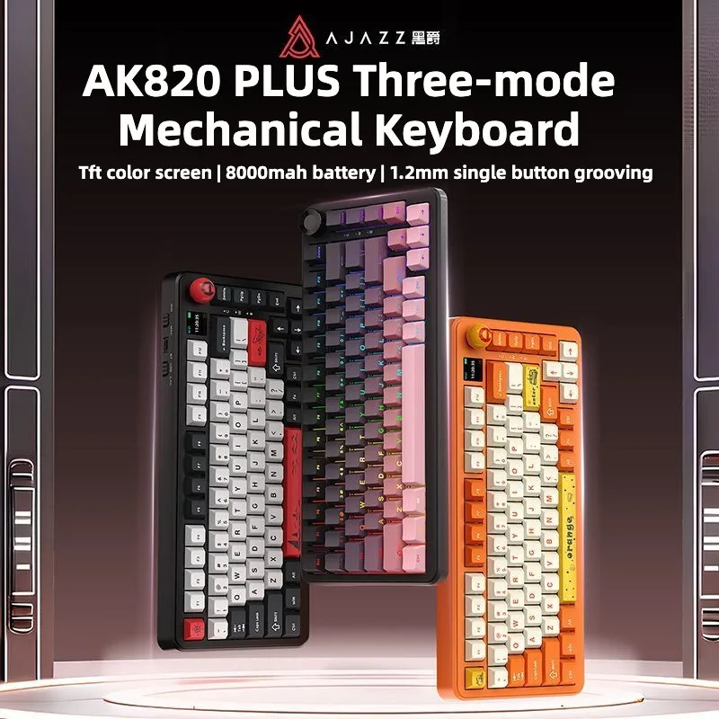 Ajazz AK820MAX PLUS ไร้สายบลูทูธ 2.4g คีย์บอร์ดแบบกลไกสามโหมดที่กําหนดเอง TFT หน้าจอสี 8000mAh แบตเตอรี่ขนาดใหญ่เกมสํานักงาน E-sports