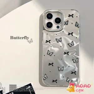 แฟชั่นสดโรแมนติกสีดำโบว์ผีเสื้อระลอกอ่อนนุ่ม เคสiPhone 11 16 13 12 15 14 Pro Max XR 7 14 8 15 16 Plus X XS Max SE 2022