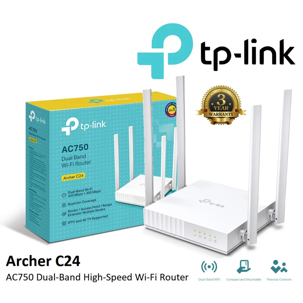 เร้าเตอร์ TP-LINK (Archer C24) AC750 Dual-Band Wi-Fi Router 2.4 GHz / 5 GHz เหมาะสำหรับการสตรีมมิ่งวิดีโอ