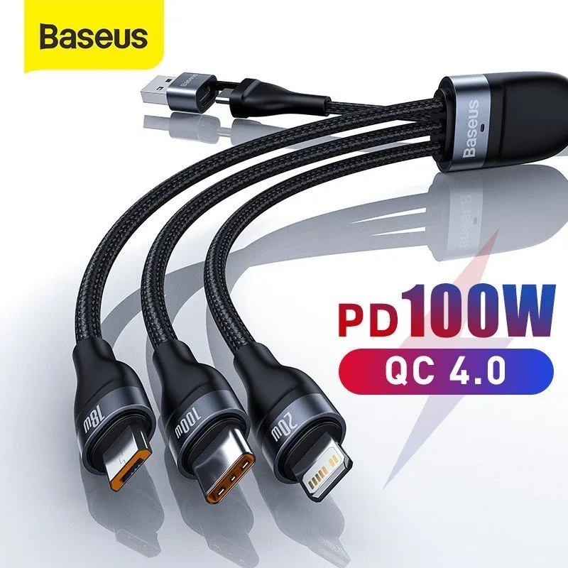 Baseus 100W สายชาร์จเร็ว USB & TypeC Flash Series Two-for-three Fast Charging Data Cable U+C to M+L+C สายชาร์จ