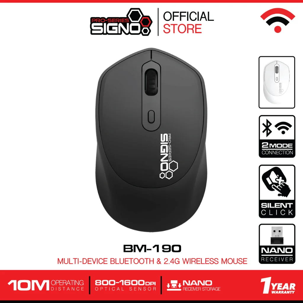 SIGNO Bluetooth & 2.4G Wireless Optical Mouse รุ่น BM-190 (เมาส์บ ลูทูธ)