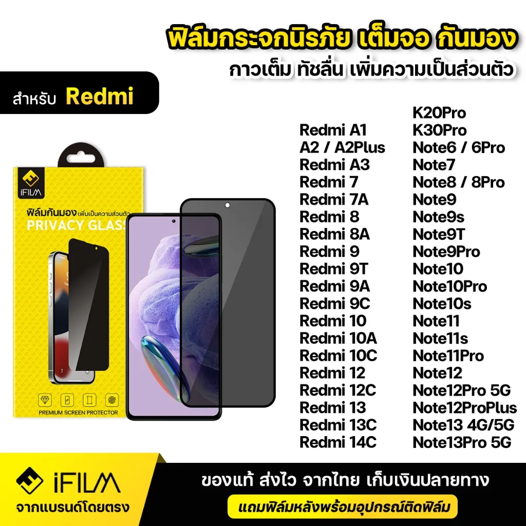 iFILM ฟิล์มกันมอง กระจก นิรภัย For Redmi 10 12 12C 13 13C 14C Note 12 Pro Plus Note14 5G เต็มจอ ฟิล์ม กันเสือก Privacy