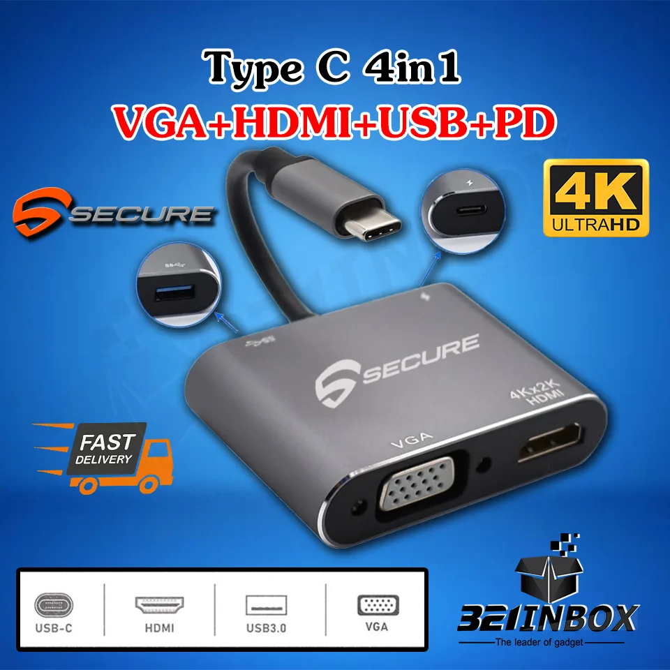 ของแท้ SECURE 4In1 แปลง Type C USB 3.1 to HDTV+VGA+USB 3.0+PD พร้อมส่ง จากไทย
