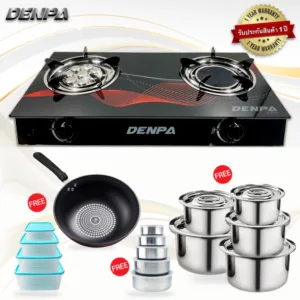 DENPA เตาแก๊สกระจก เตาแก๊ส2หัว พร้อม หม้อแขก 5ใบ กล่องถนอมอาหาร และกระทะ MIRROR008 03