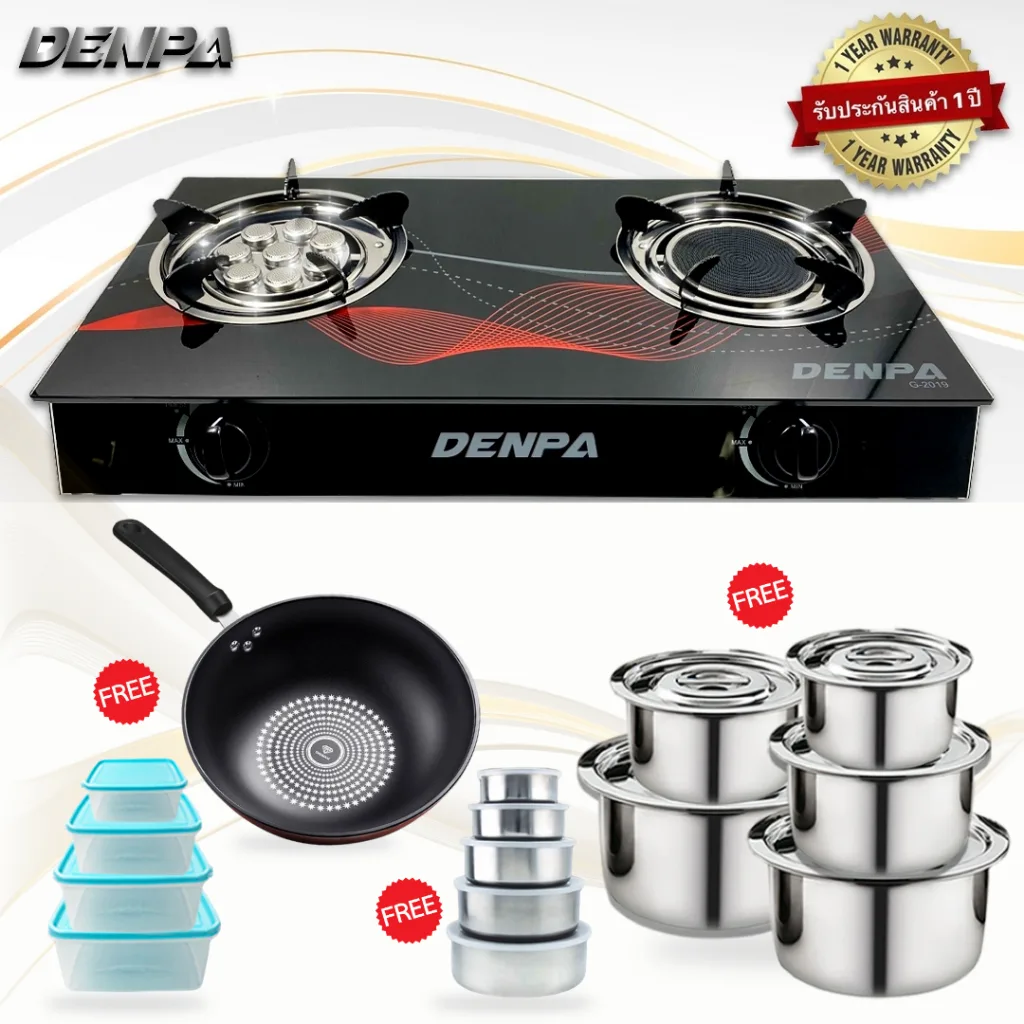 DENPA เตาแก๊สกระจก เตาแก๊ส2หัว พร้อม หม้อแขก 5ใบ กล่องถนอมอาหาร และกระทะ MIRROR008 03
