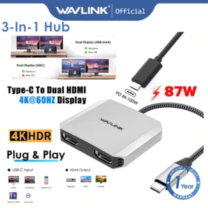 Wavlink อะแดปเตอร์ USB-C เป็น Dual 4k HDMI MST Thunderbolt พร้อมจอแสดงผล PD 87W สําหรับ Windows M OS Linux