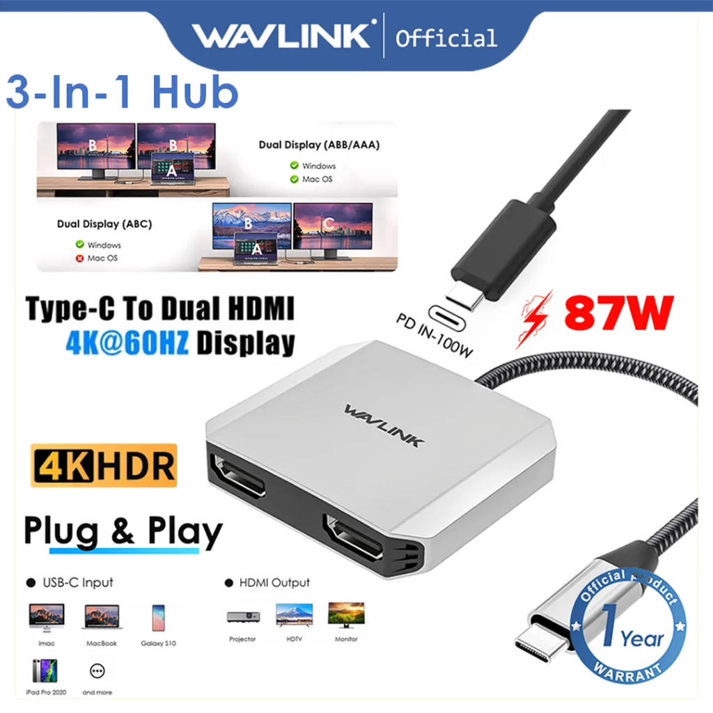 Wavlink อะแดปเตอร์ USB-C เป็น Dual 4k HDMI MST Thunderbolt พร้อมจอแสดงผล PD 87W สําหรับ Windows M OS Linux