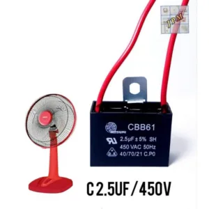 คาปาซิเตอร์พัดลม 2.5uf/450v ยี่ห้อมิตซูมิ สายสีแดง capacitor cap แคป ใช้กับพัดลมฮาตาริ และยี่ห้อทั้วไปได้
